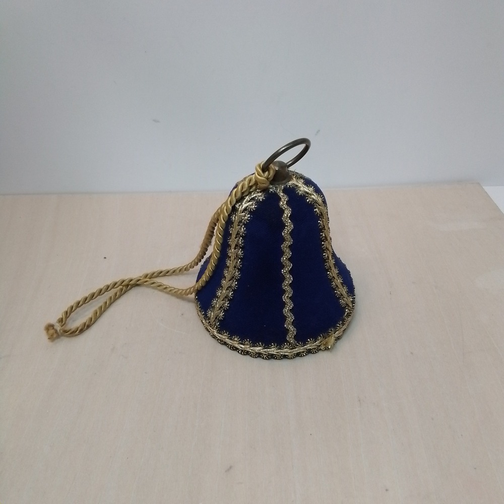 Vintage Western Germany Music Box‎ works Bell Blue Velvet Gold Trim Ornament